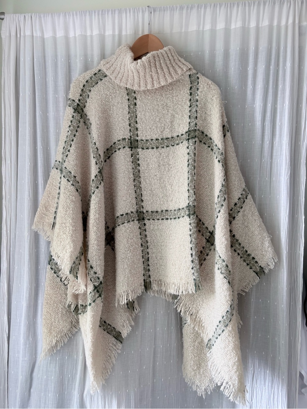 Cost Plus World Market Cream Turtleneck Plaid Fringe Poncho